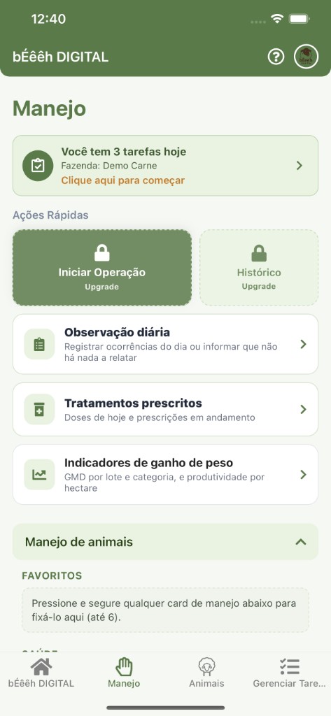 bÉêêh Produtor (Farm) — tela de manejo com tarefas do dia e ações rápidas