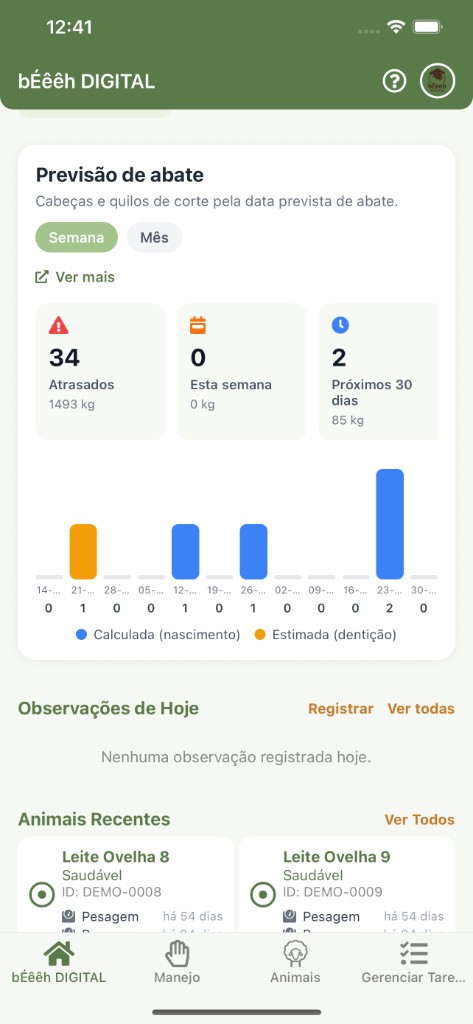 bÉêêh Produtor (Farm) — previsão de abate, observações do dia e animais recentes no app