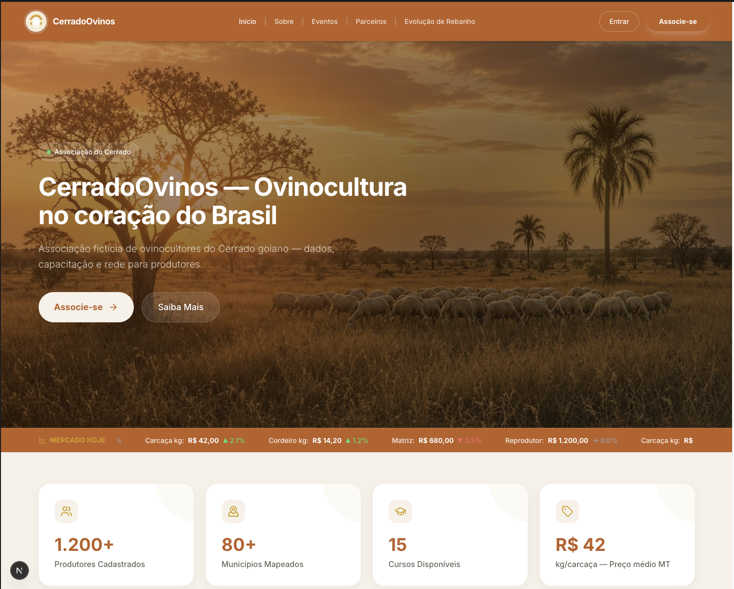bÉêêh Portal (Associação) — site white-label CerradoOvinos com hero, mercado e indicadores