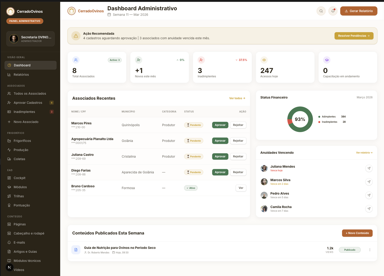 bÉêêh Portal (Associação) — dashboard administrativo com associados e status financeiro